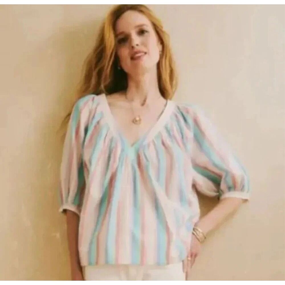 Ophelia & Indigo Womens‎ Edie Stripe V-Neck 100% Cotton Blouse Multicolor Medium